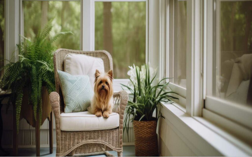 your pet sitting on a chair in a pet-friendly screen room patio Patio Covers Unlimited